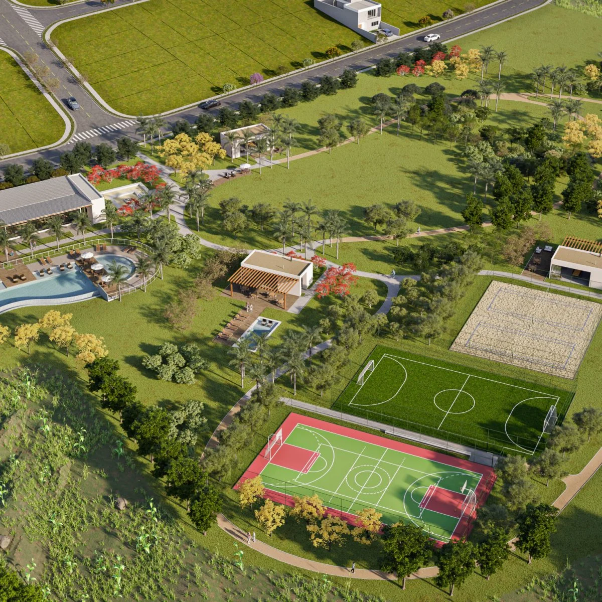 Vista aérea do clube do loteamento fechado em Cosmópolis